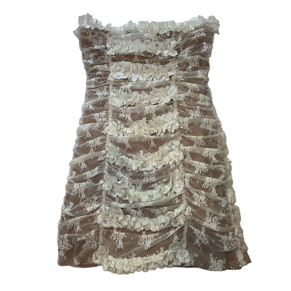 Majorelle Lace Trim Strapless Dress in Cream and Tan - Picture 3 of 6